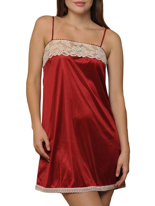 solid maroon laced satin night dress - 11324239 - Standard Image - 0