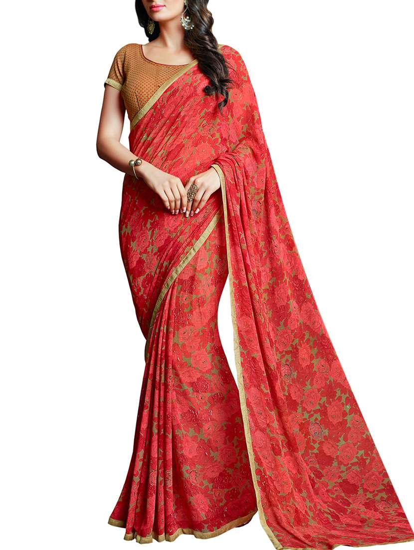 red floral print georgette saree with blouse