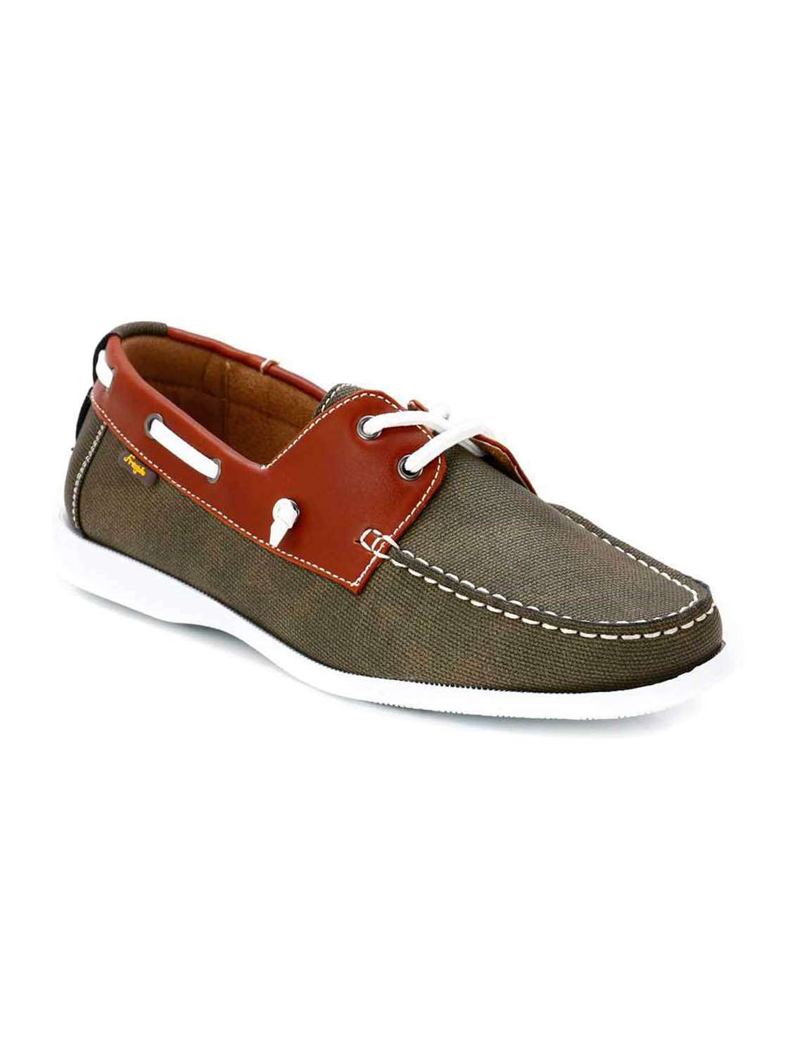 green canvas lace up boat shoe
