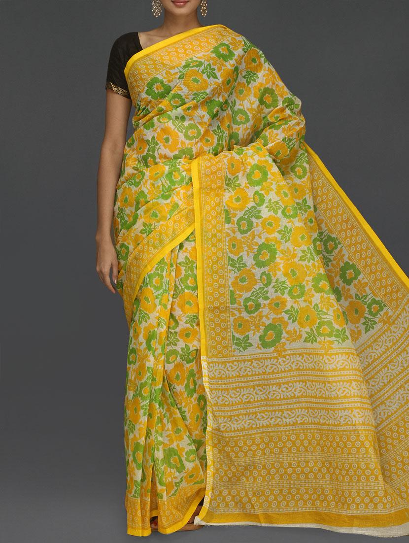 Floral With Leaf Printed Yellow Kota Saree - Komal Sarees