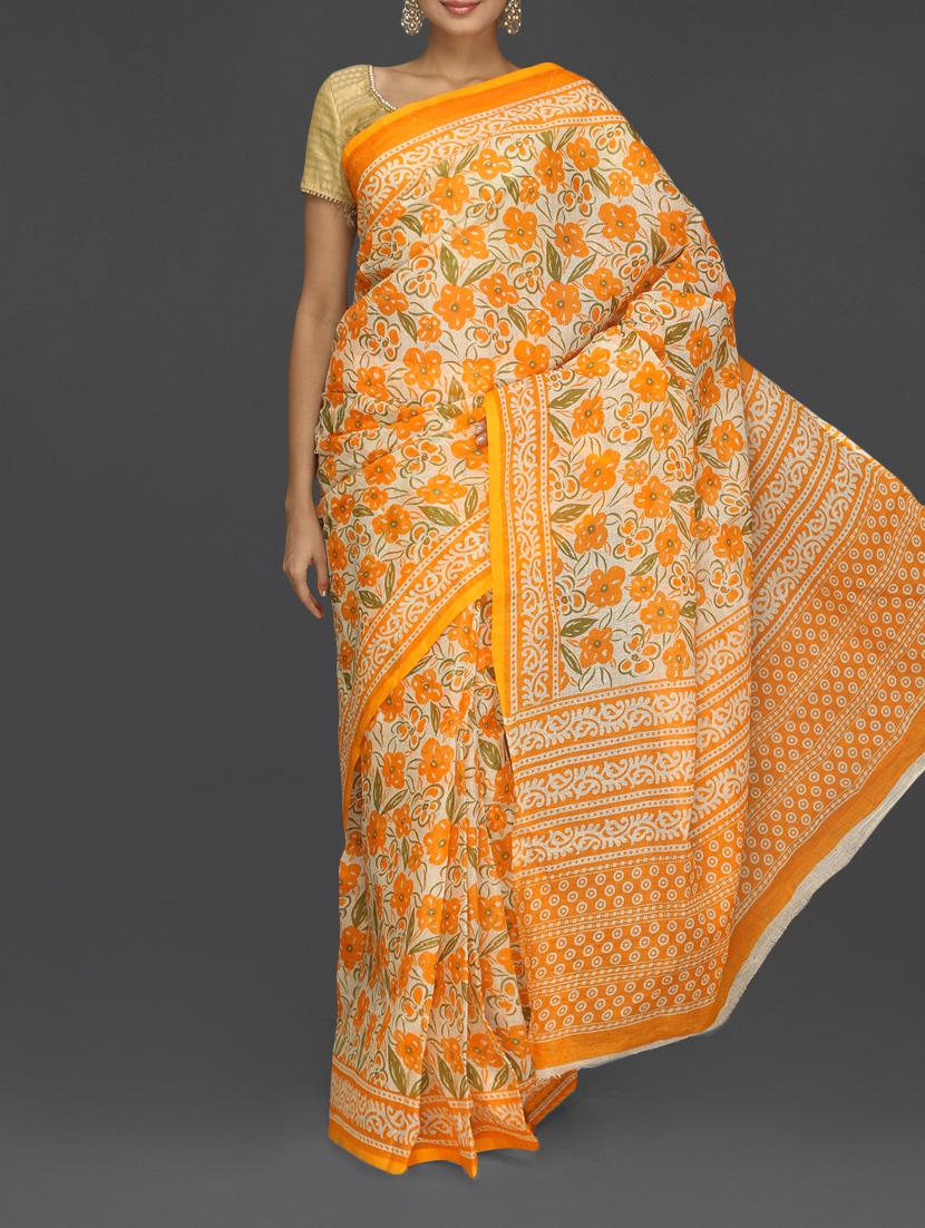 Orange Floral With Leaf Printed Kota Saree - Komal Sarees