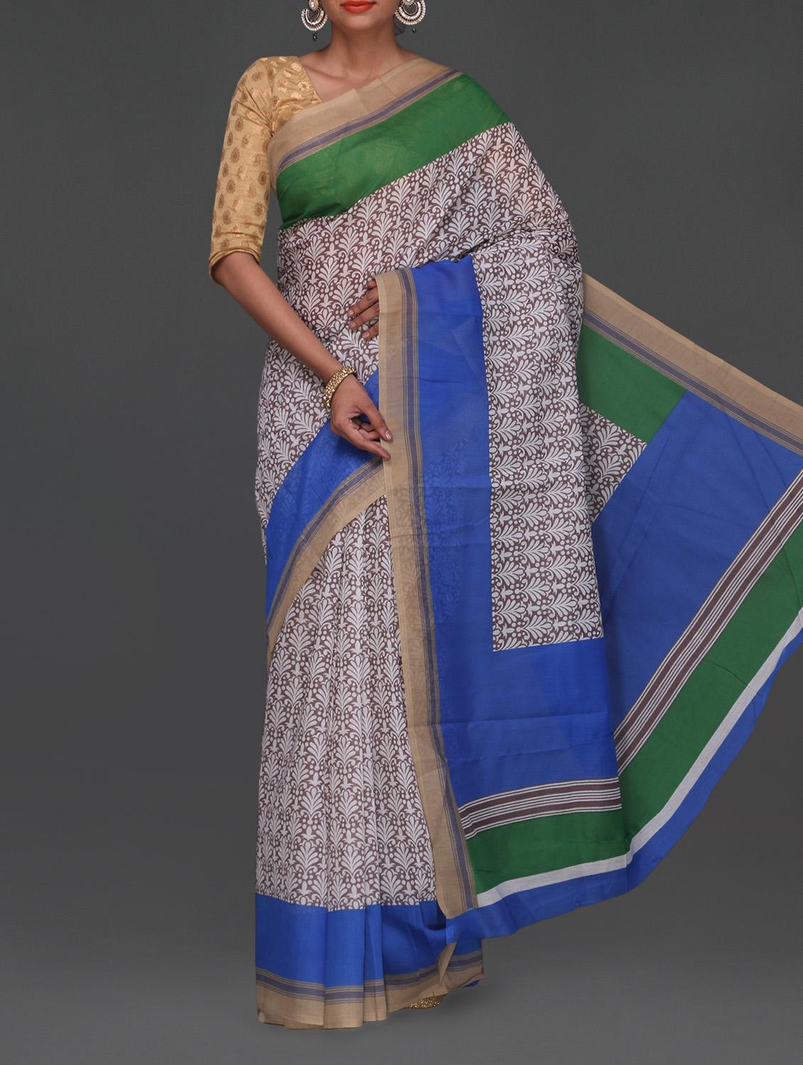 Blue & Green Border Printed Bhagalpuri Saree - Komal Sarees