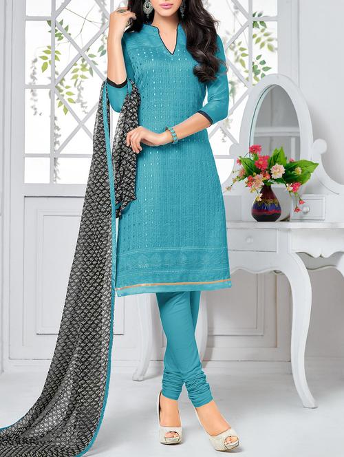 sky blue chanderi cotton unstitched suit - 11333591 -  Standard Image - 0