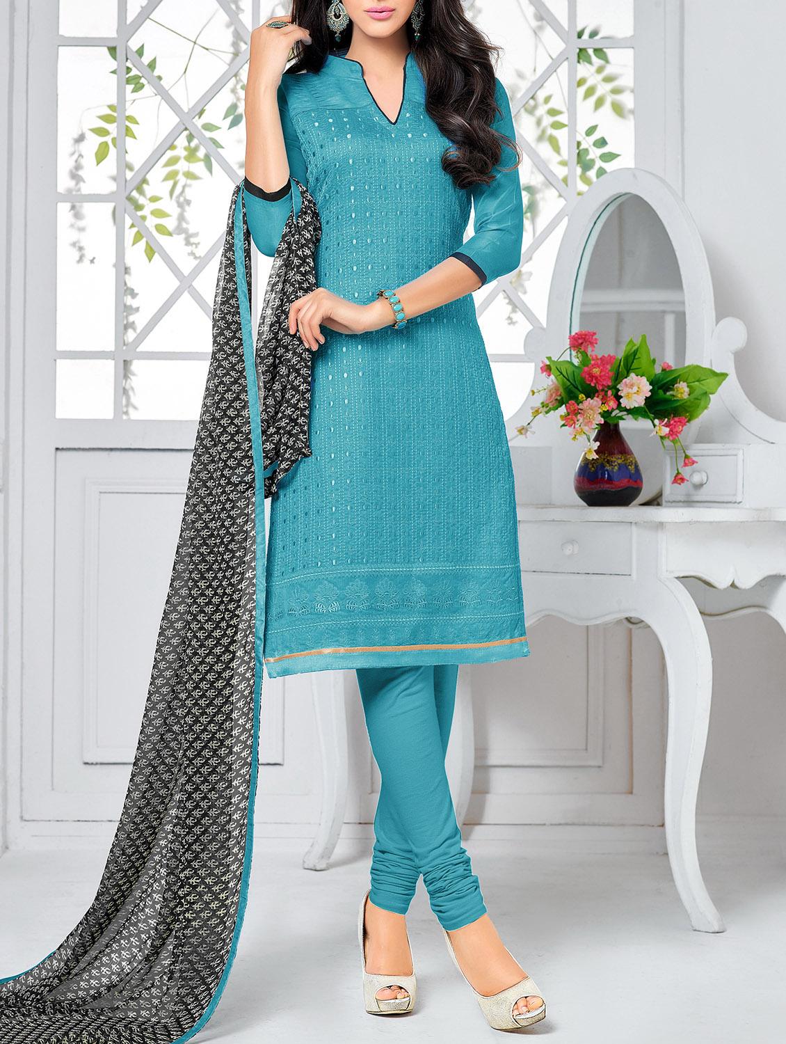 sky blue chanderi cotton unstitched suit - 11333591 -  Zoom Image - 0