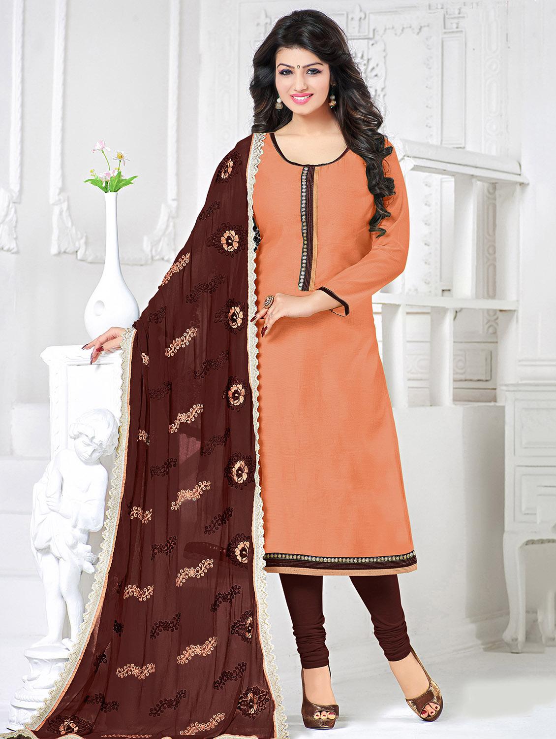 orange chanderi cotton unstitched suit - 11333595 - Zoom Image - 0