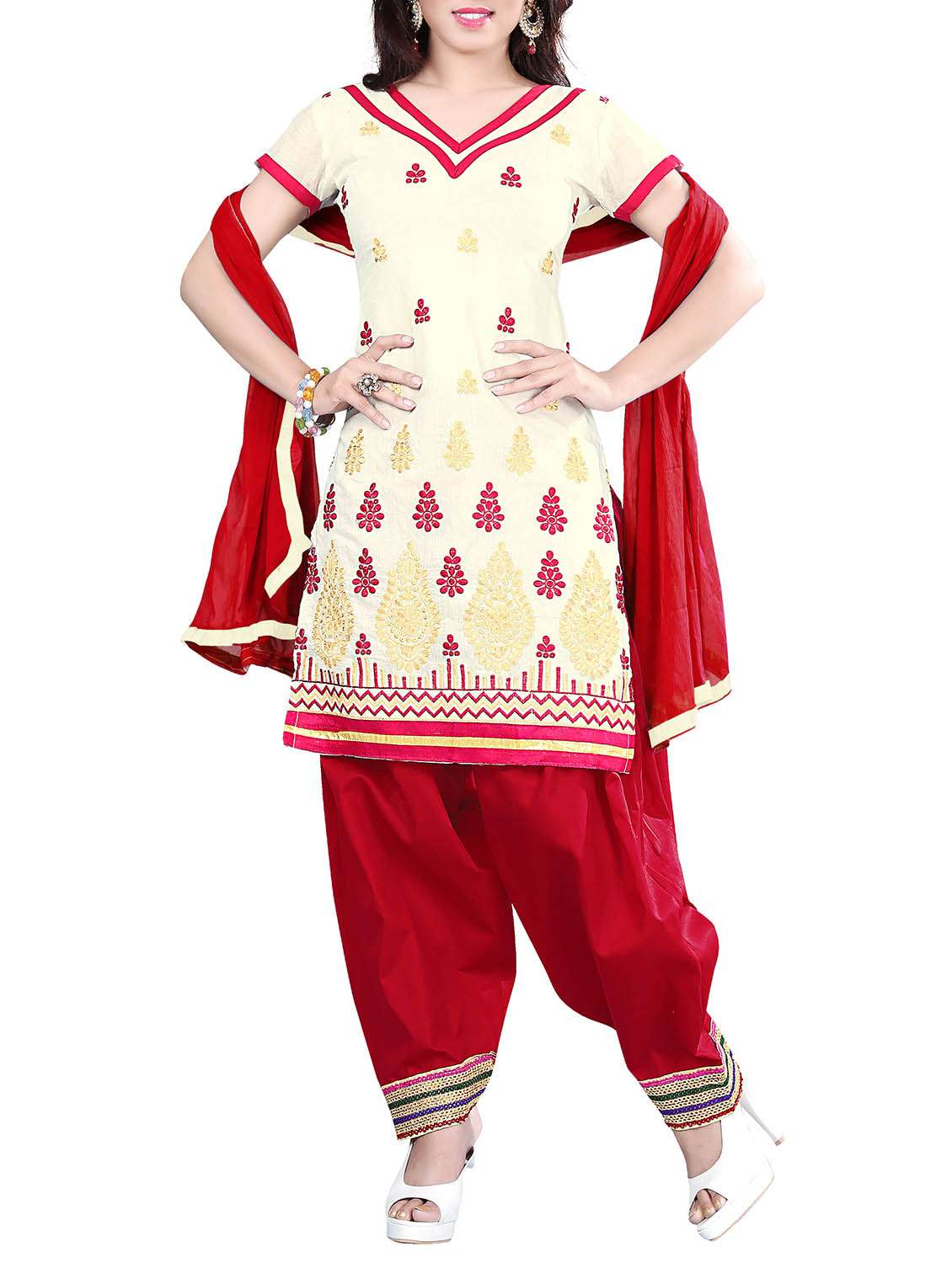 cream embroidered cotton unstitched suit set - 11333793 - Zoom Image - 0