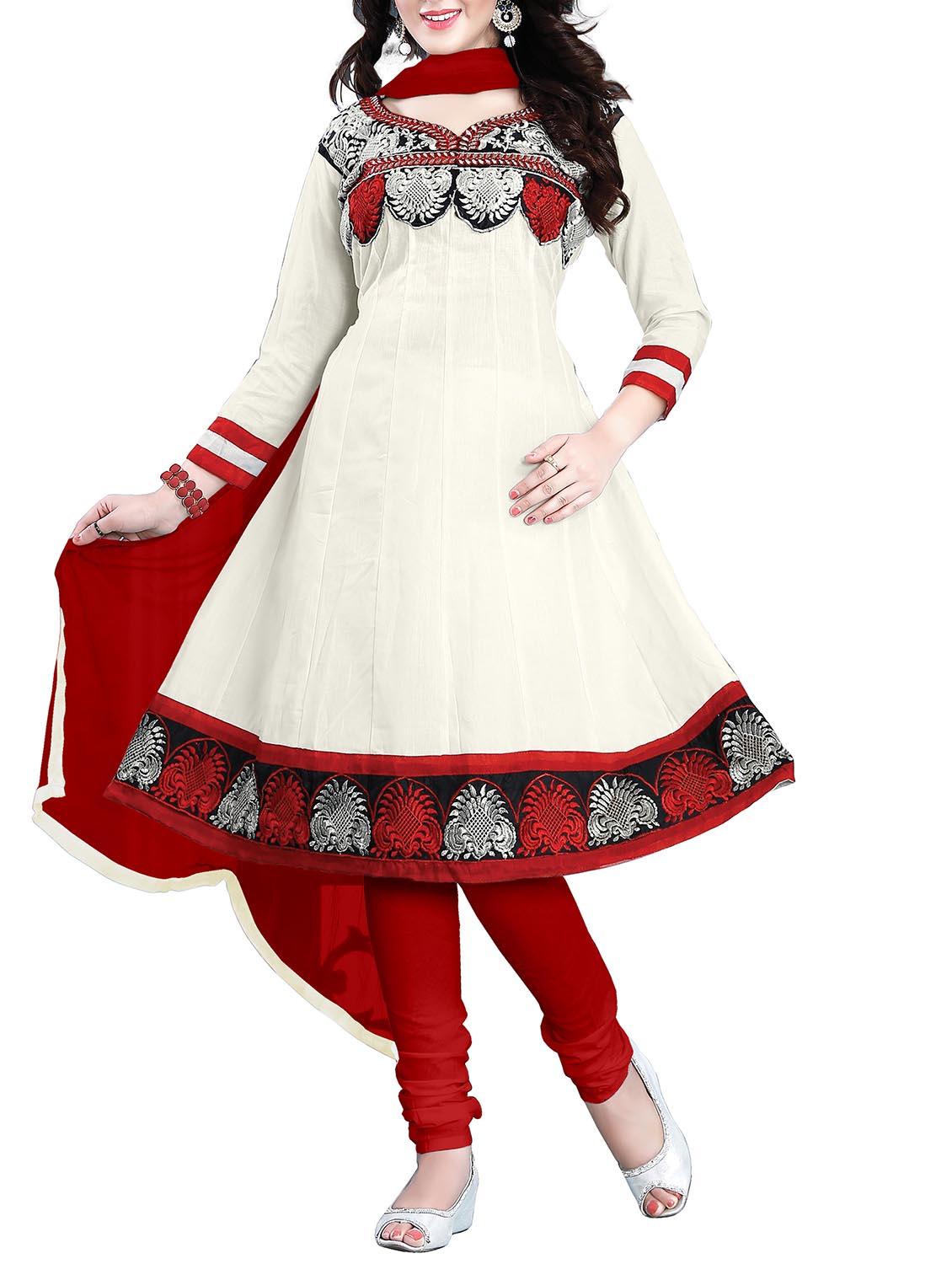 white cotton embroidered dress material - 11333819 -  Zoom Image - 0