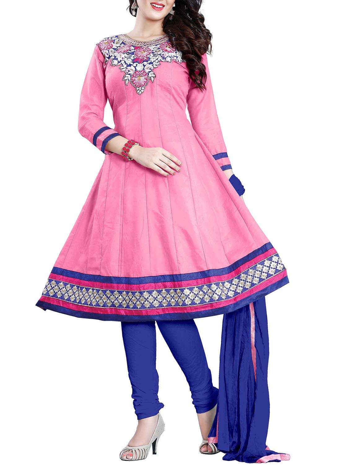 pink cotton embroidered anarkali dress material - 11333885 - Zoom Image - 0
