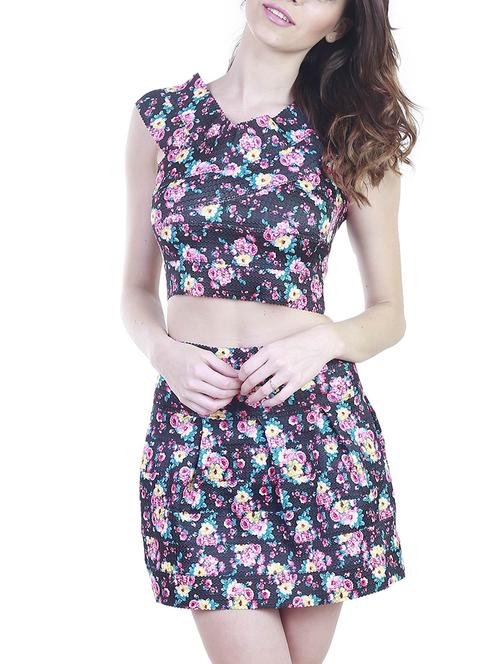 navy blue floral printed viscose crop top and skirt set - 11355749 -  Standard Image - 0