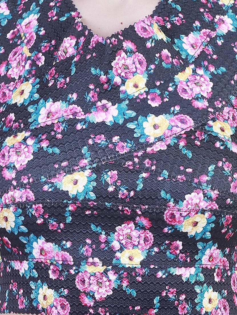 navy blue floral printed viscose crop top and skirt set - 11355749 - Standard Image - 3
