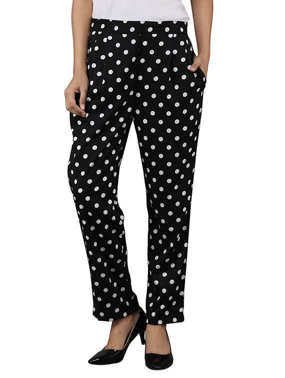 monochrome polka dot polyester pleated casual trousers