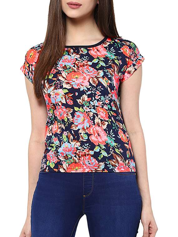 navy blue floral printed polyester regular top