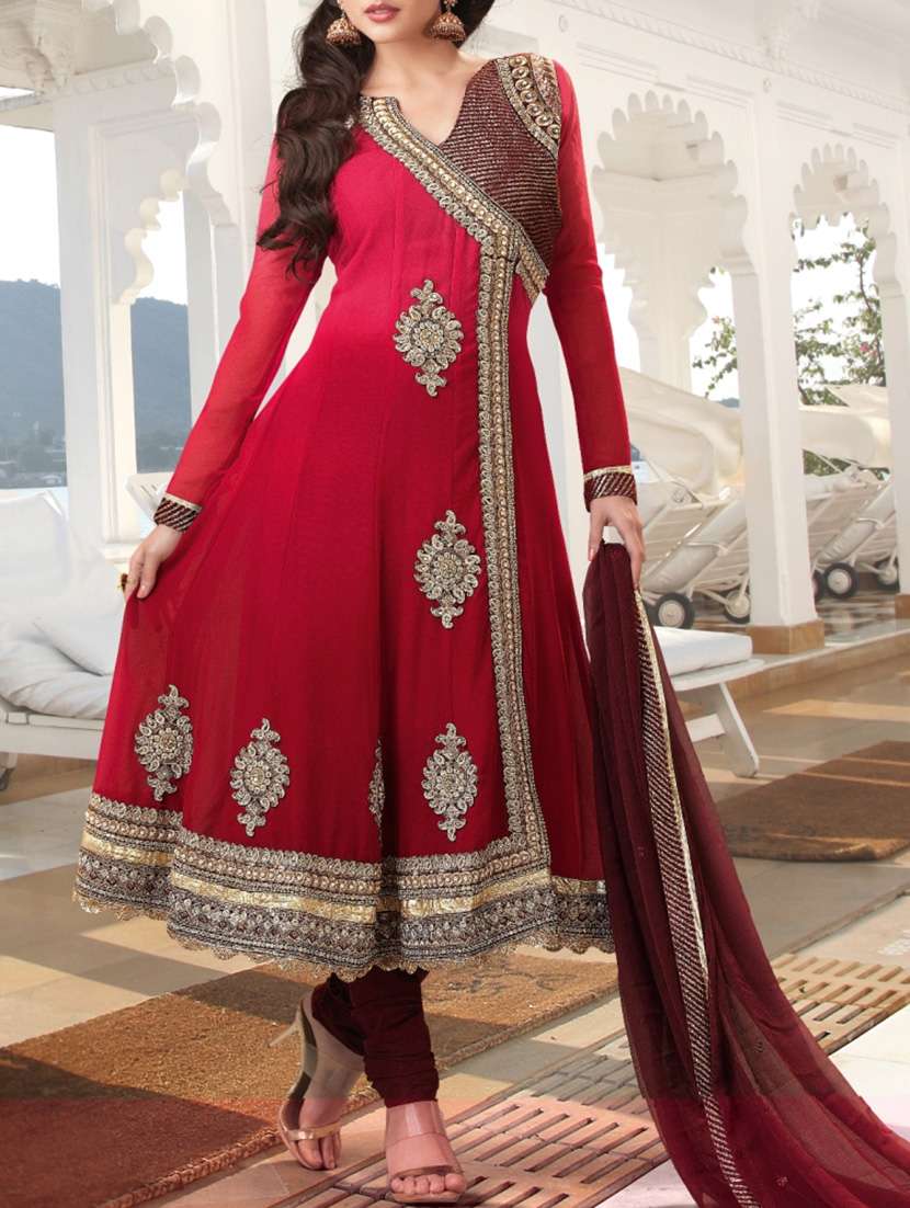 fitted lace wedding dress Red Sequins Embroidered Georgette Dress Material