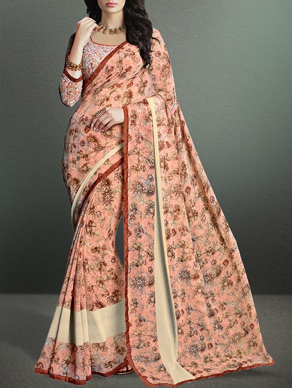 orange printed saree with blouse - 11388821 -  Zoom Image - 0