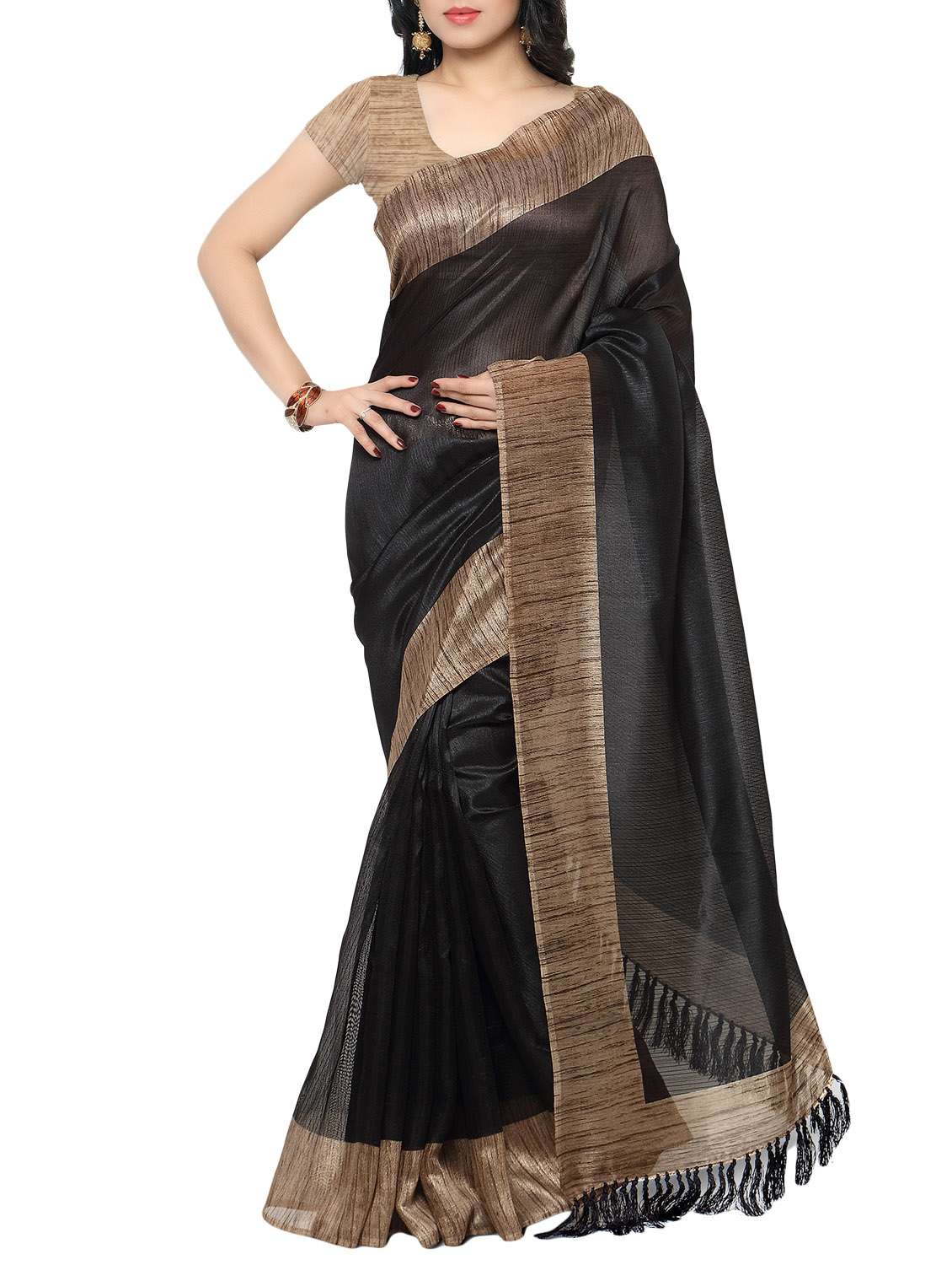 black tussar silk printed saree with blouse