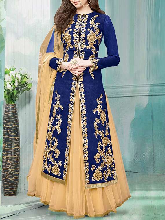 blue faux silk unstitched suit