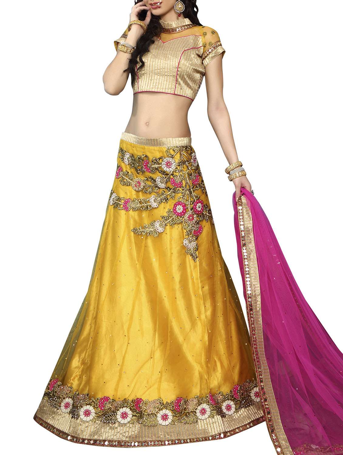 yellow net lehenga