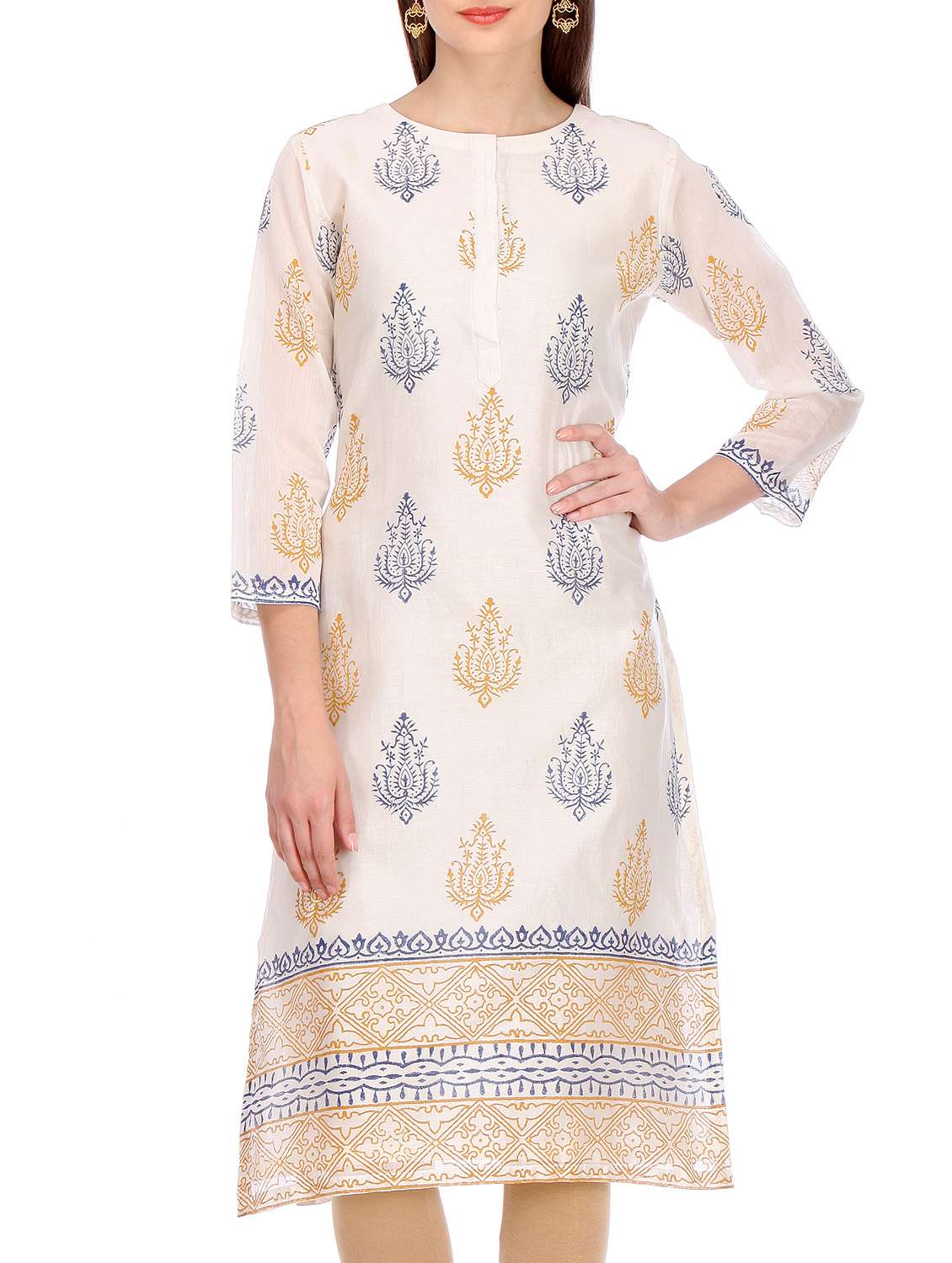 cream pure silk block print kurta