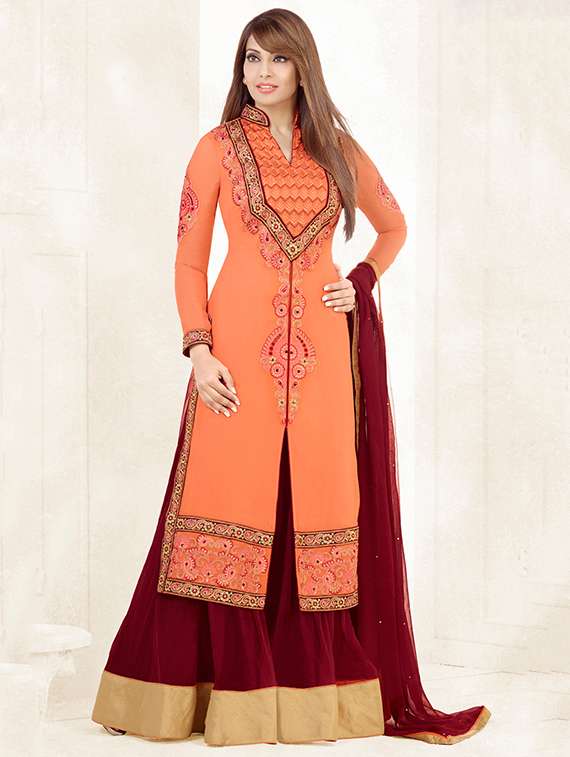 orange georgette embroidered unstitched suit set