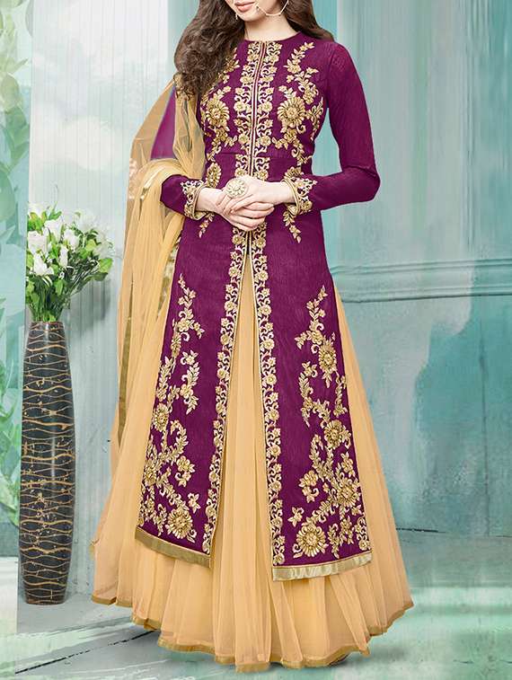 purple faux silk unstitched suit