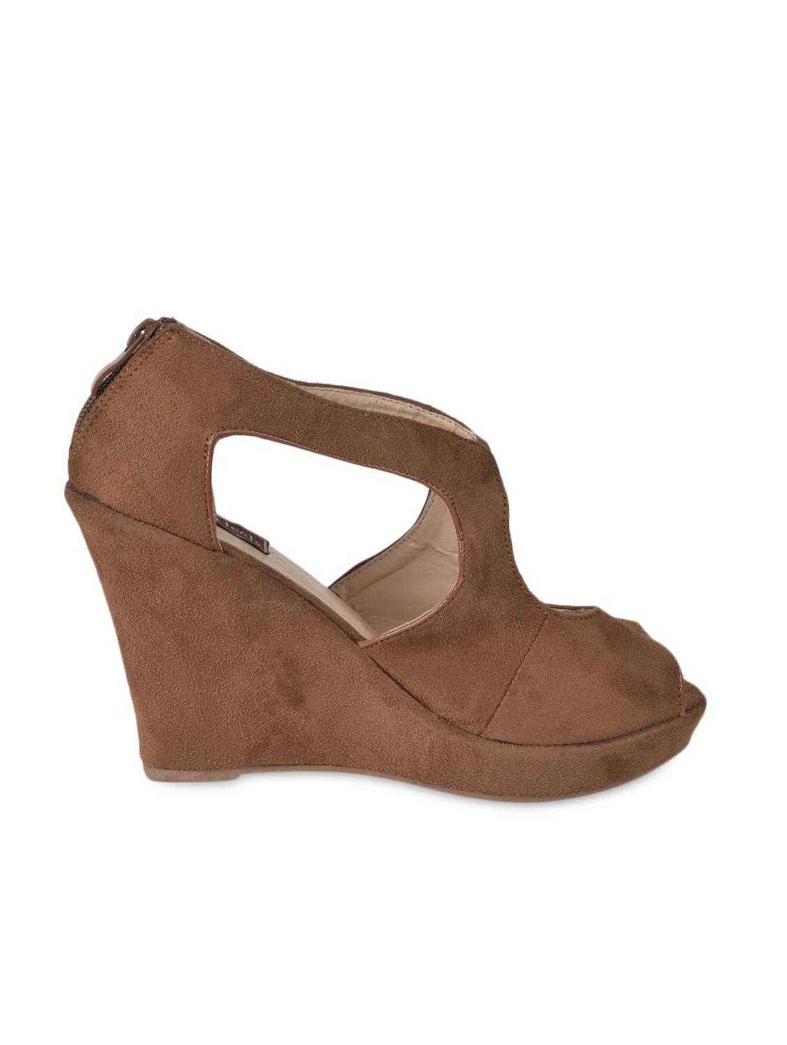 Peep Toe Brown Suede Wedges - Flat N Heels