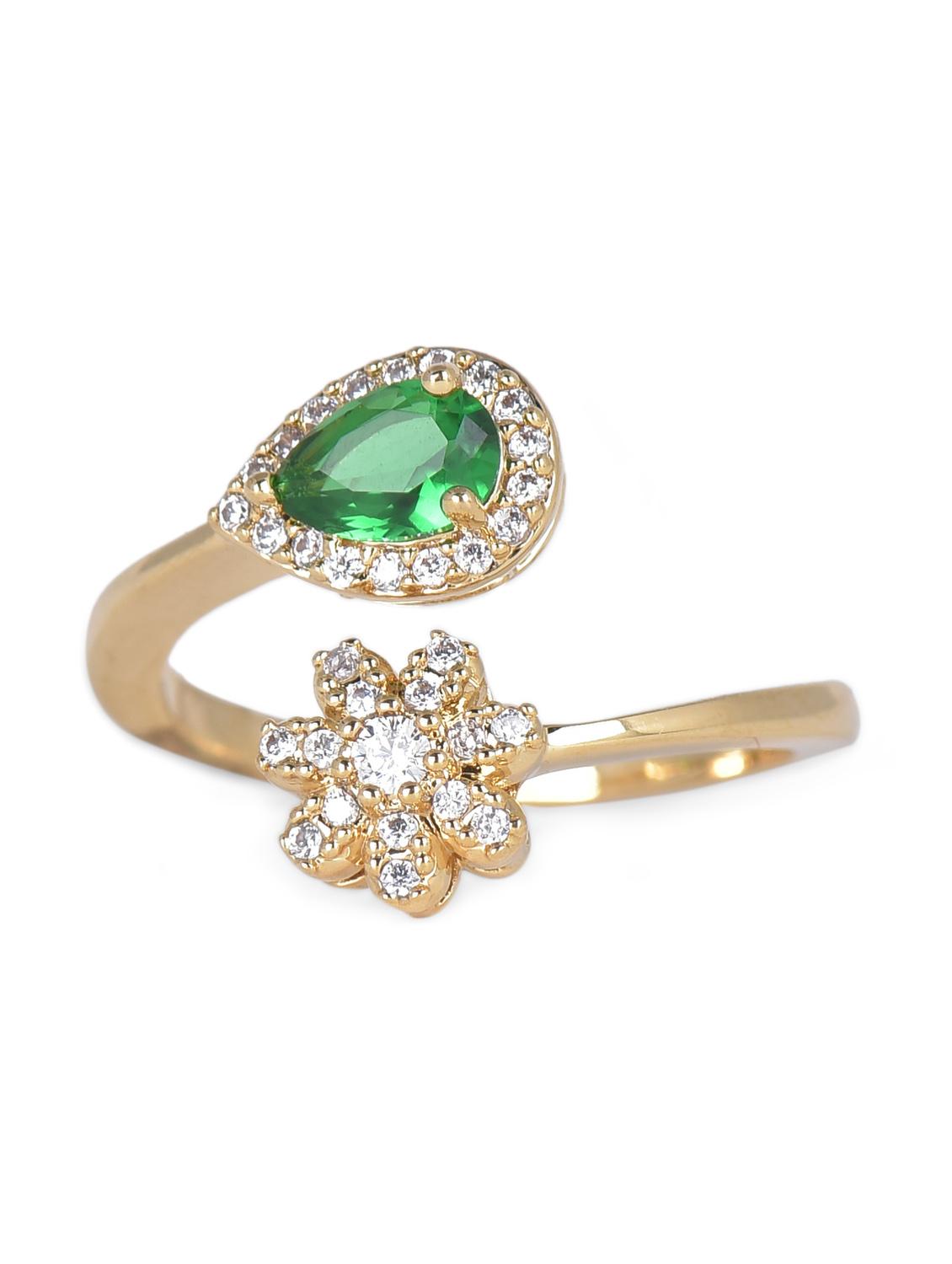 Gold Green Flower And Diamond Shaped Stone Metallic Ring - By