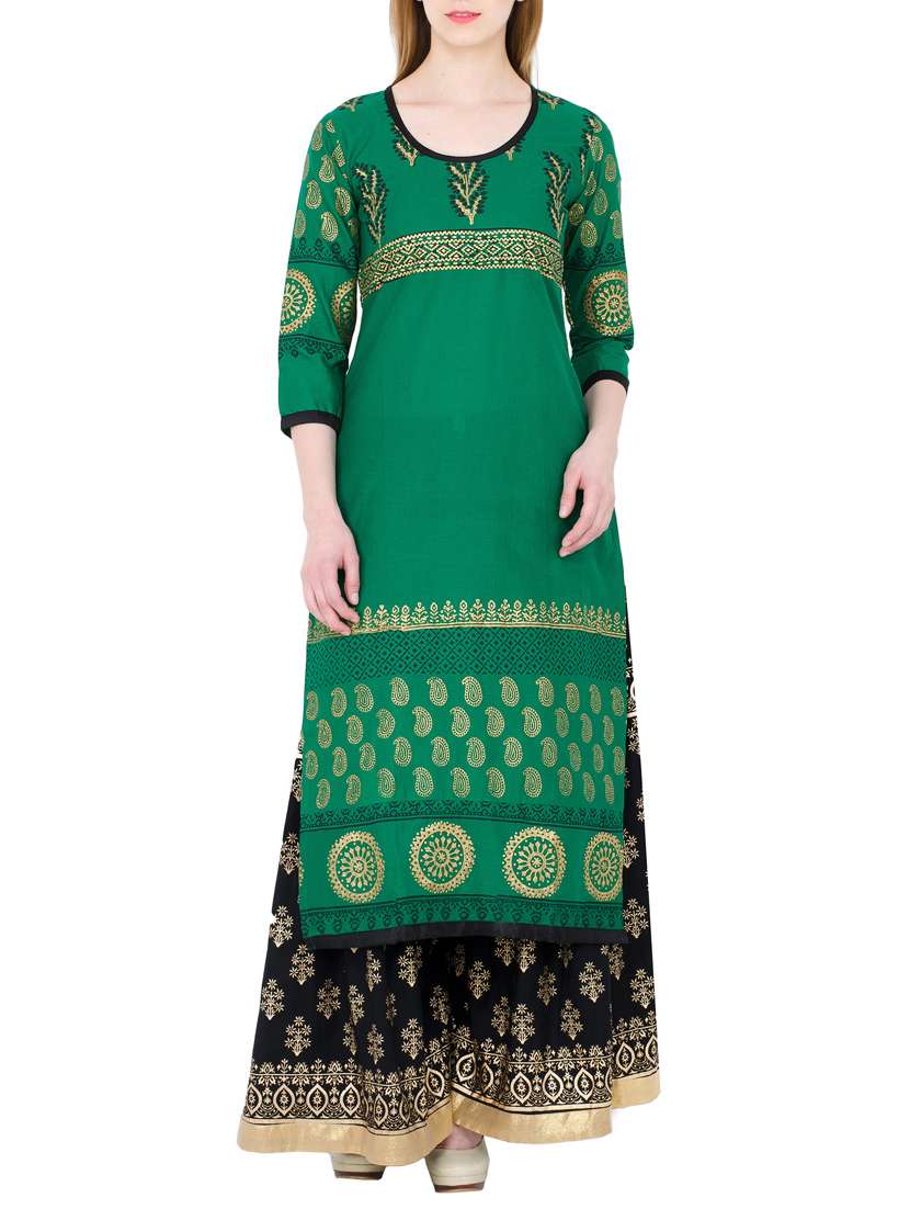 green cotton printed long kurta