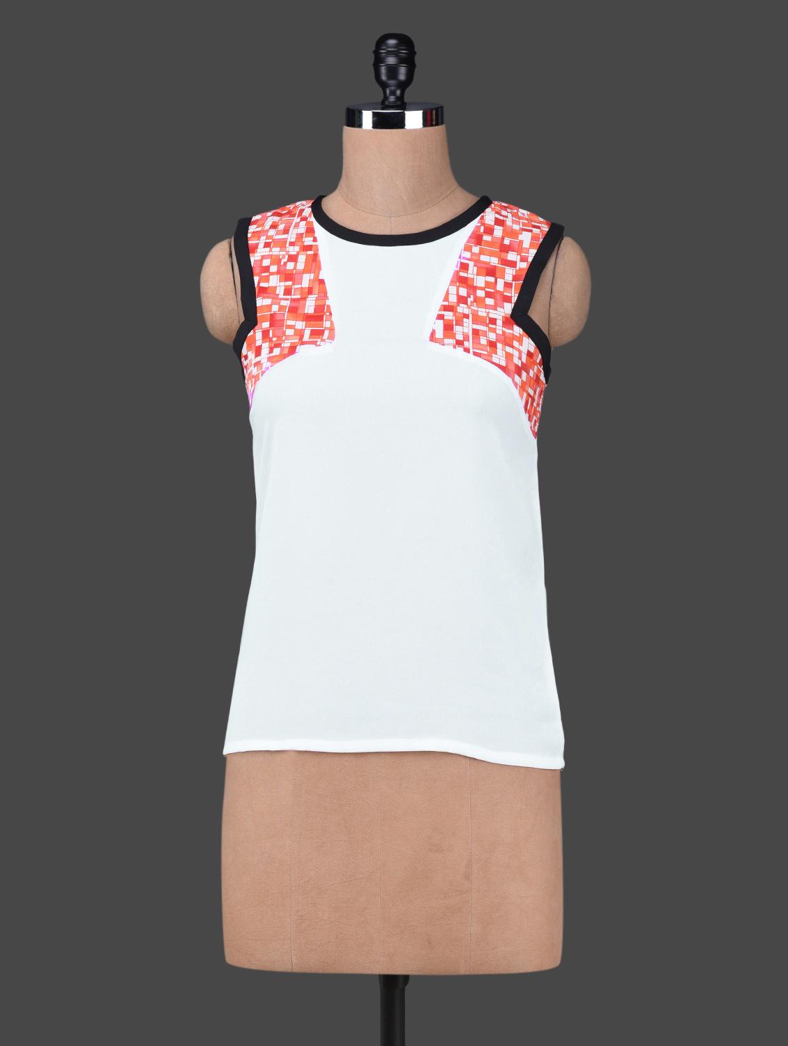 Round Neck Printed Inserts Georgette Top - Citrine