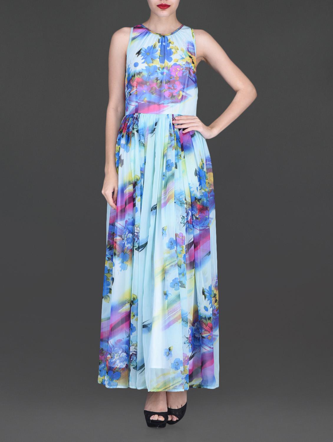 Sky Blue Printed Sleeveless Maxi Dress - By
