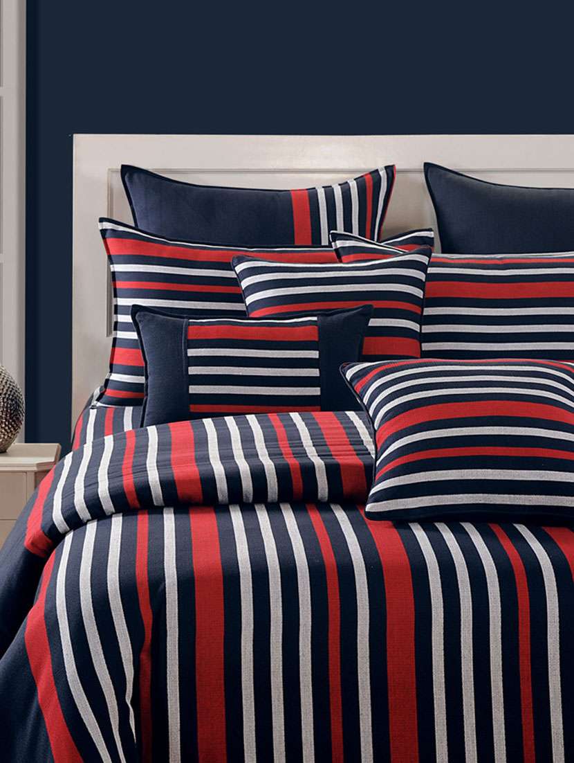 navy blue and red stripes cotton bed sheet with pillow covers