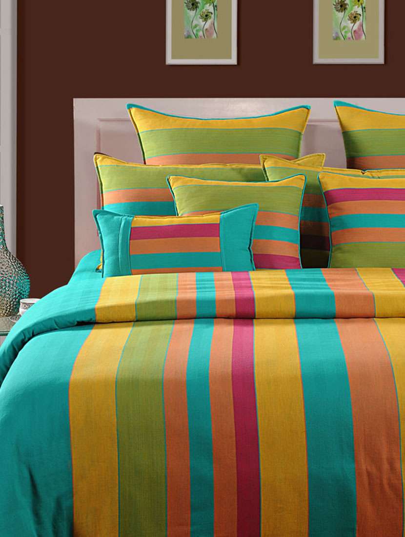 Buy online Green And Yellow Stripes Cotton Bed Sheet With Pillow Covers