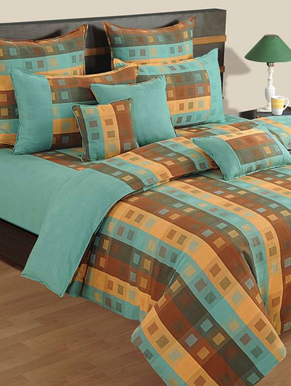 truquoise and yellow stripes cotton bed sheet with pillow covers