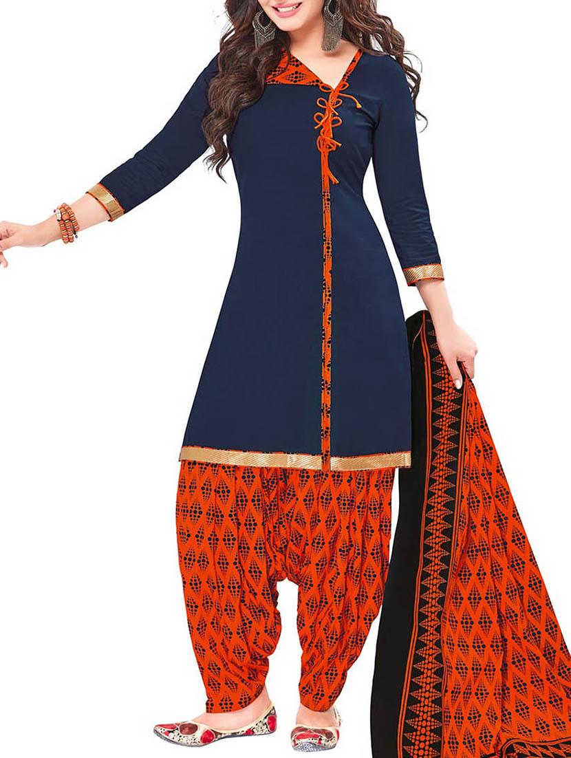 orange cotton unstitched suit - 11495473 -  Zoom Image - 0
