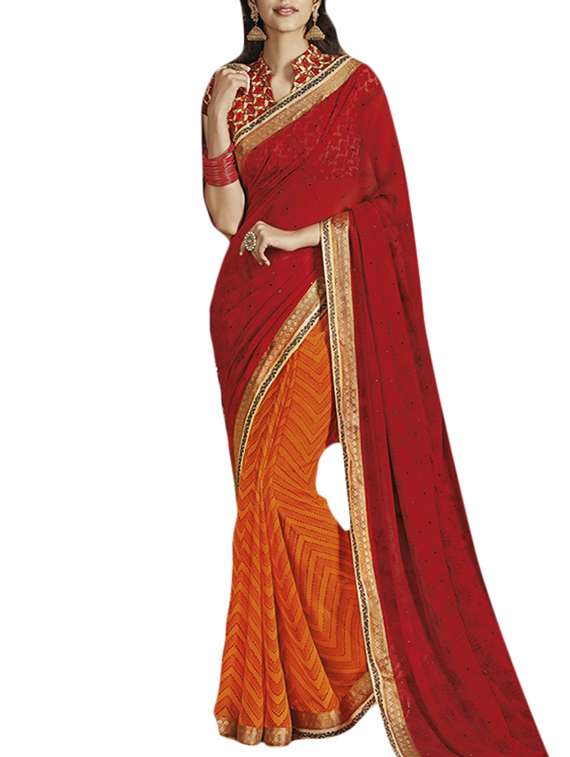 red and orange georgette foil work half and half saree with blouse