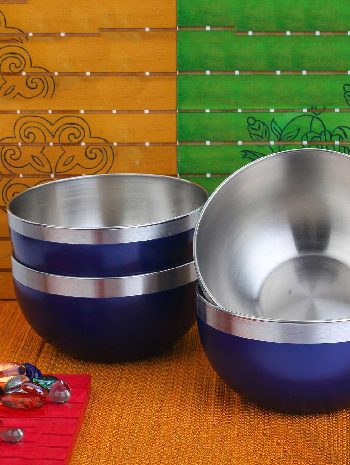 blue stainless steel platters & bowl (set of 4)