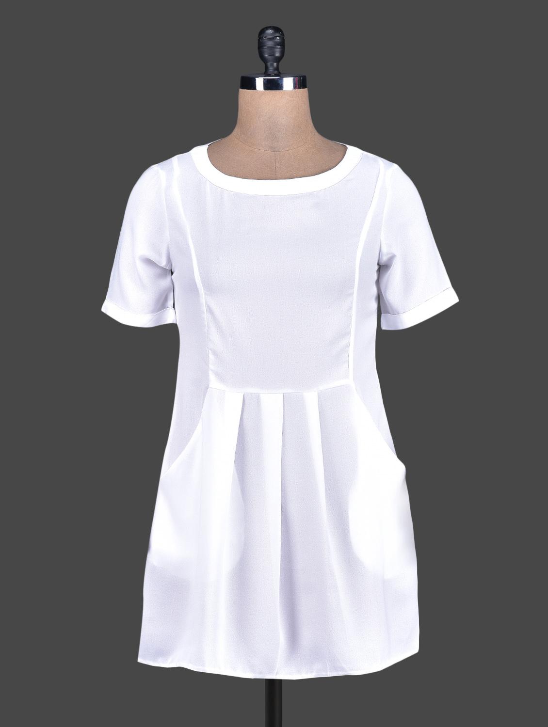 Round Neck Solid White Crepe Dress - Tops And Tunics