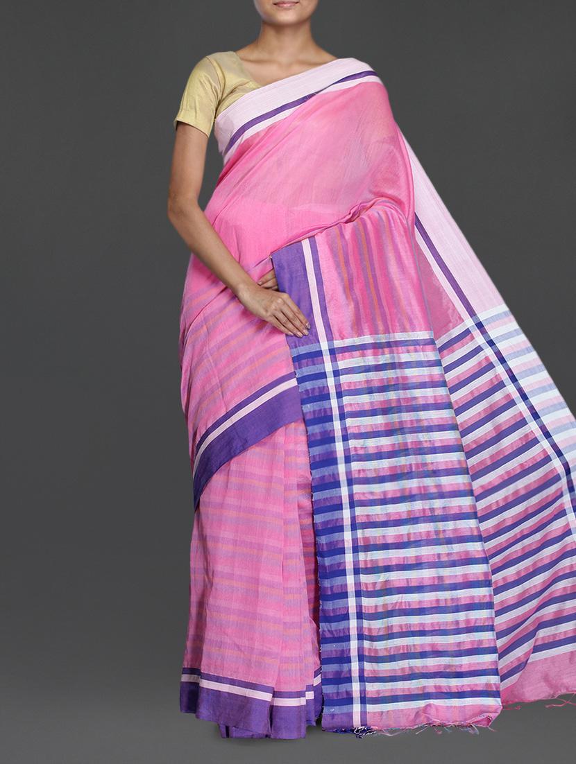 Pink Handwoven Resham Saree With Striped Pallu - Cotton Koleksi