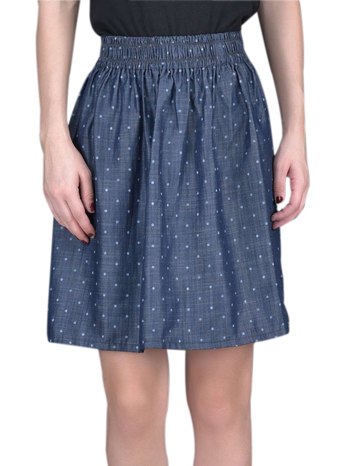 navy blue crepe denim printed skirt