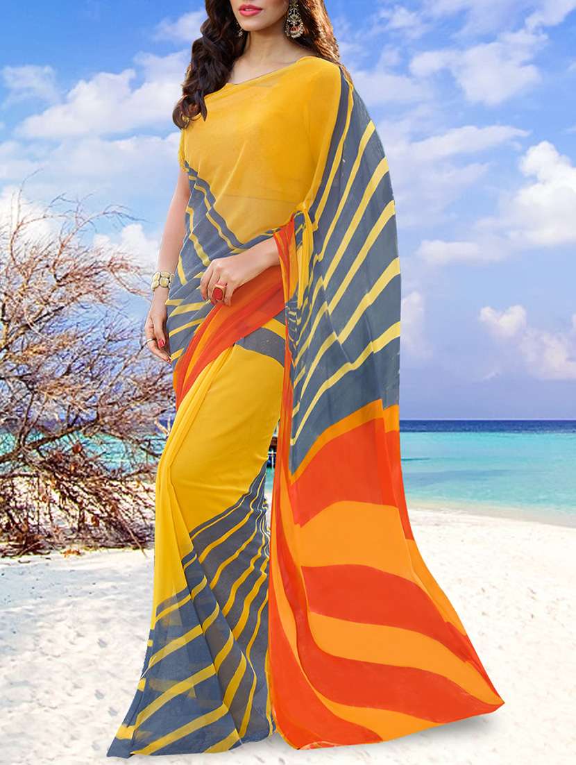yellow and blue georgette printed saree - 11573892 - Zoom Image - 0