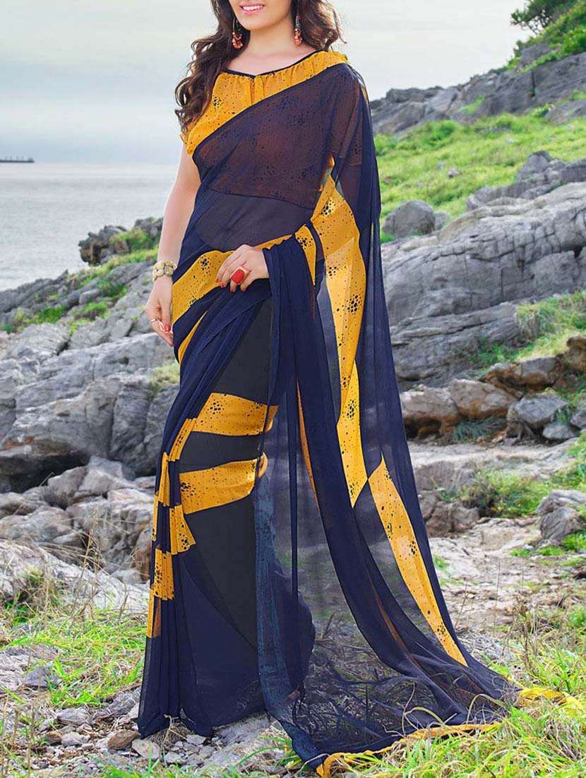 navy blue printed georgette saree