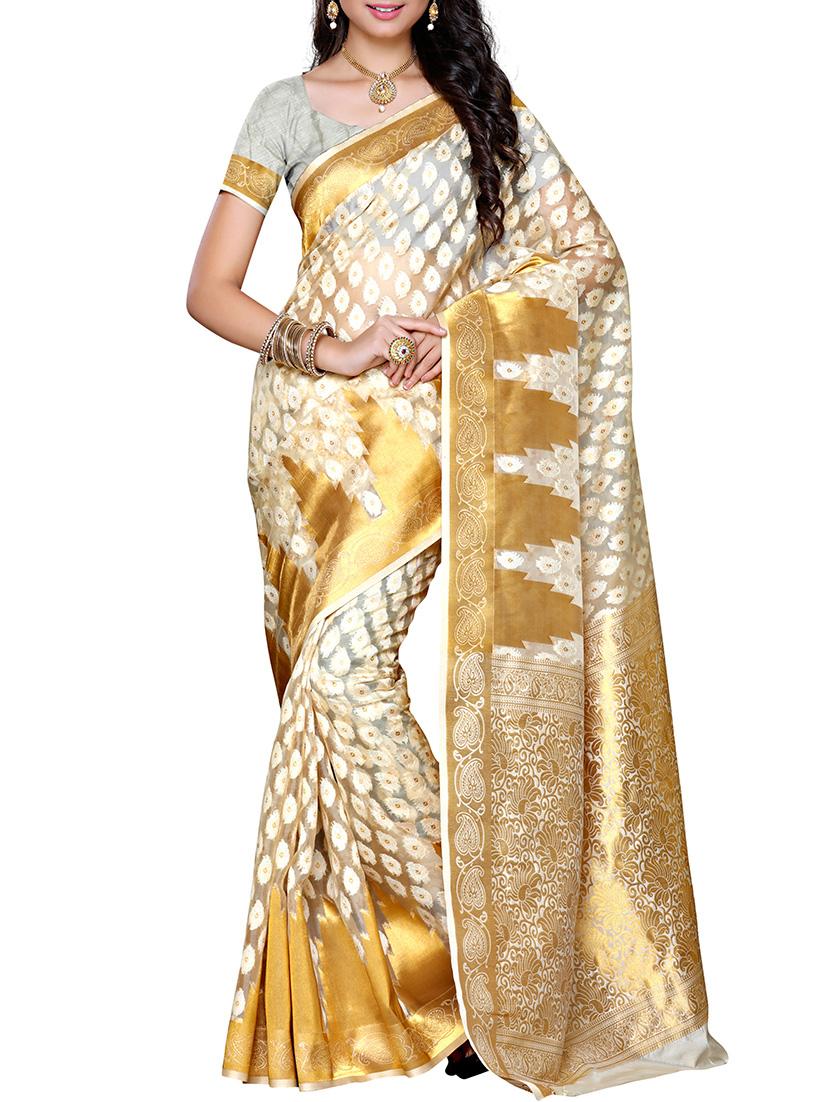 white silk blend saree with blouse - 11578179 -  Zoom Image - 0