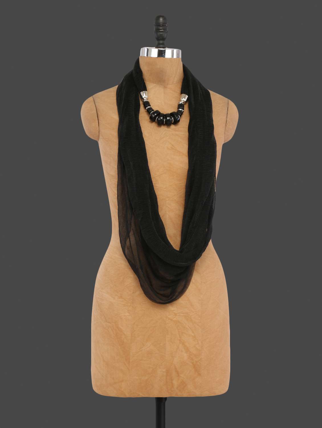 black metallic neckpiece with cotton scarf