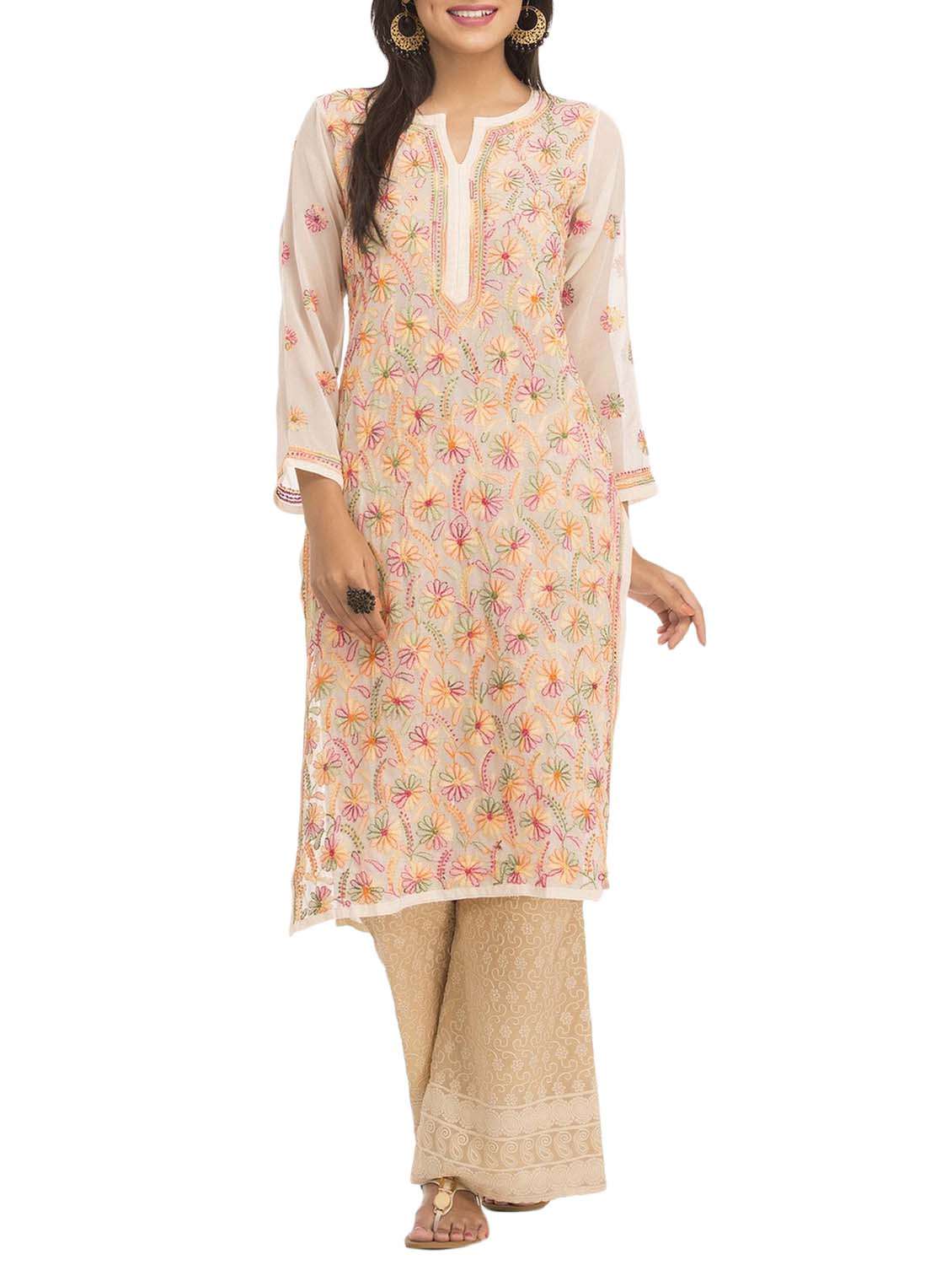 Cream Chikankari Embroidered Georgette Kurta