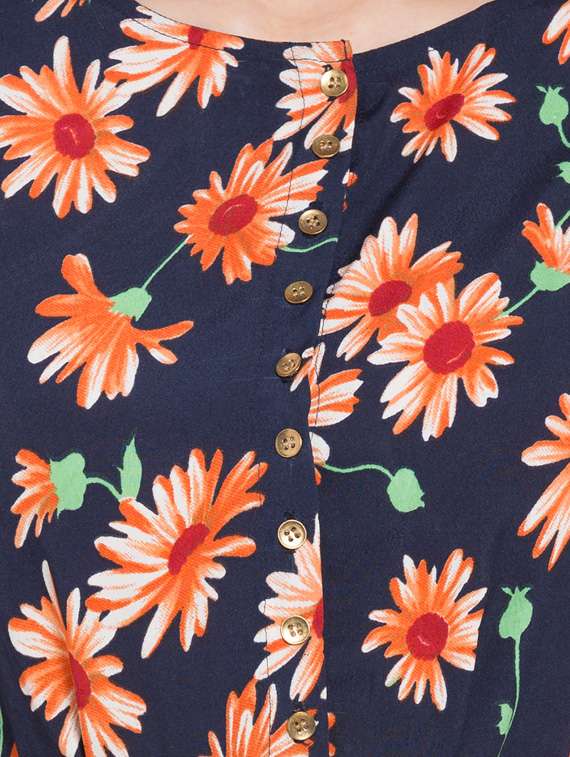 navy blue crepe floral print belted dress - 11586055 -  Standard Image - 3