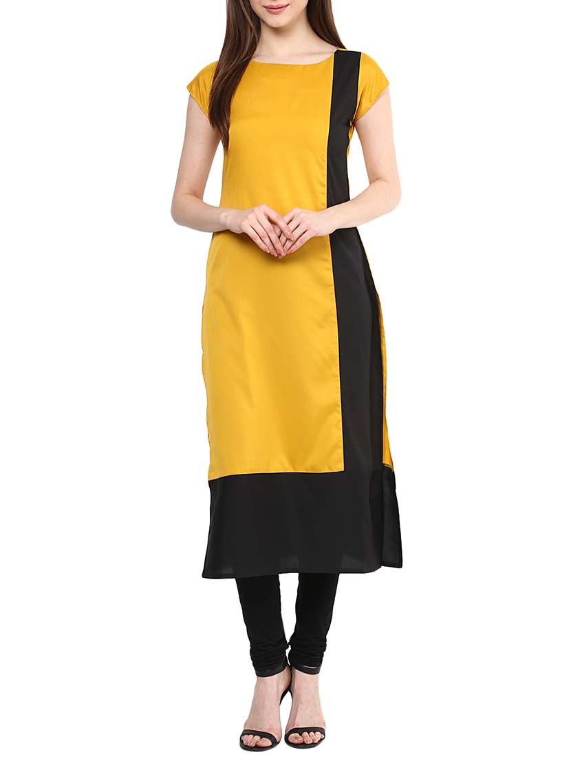 yellow crepe color block straight kurta - 11587403 - Zoom Image - 0