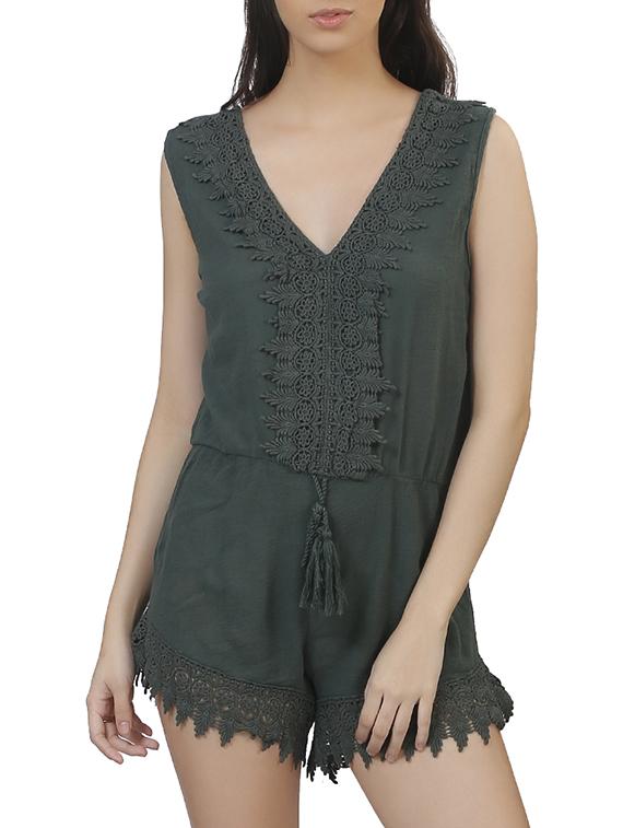 solid bottle green cotton romper - 11608347 -  Zoom Image - 0