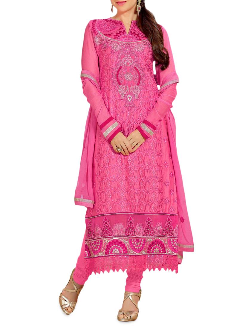 Pink Embroidered Stain And Cotton Straight Salwar Suit Suit Set - PARISHA
