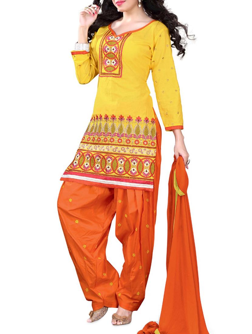 Yellow Embroidered Cotton Unstitched Patiala Suit Set - PARISHA