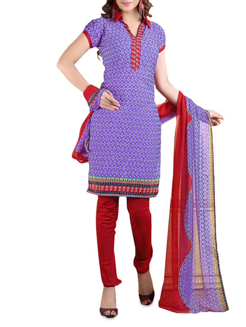 Purple Printed Cotton Unstitched Patiala Suit Set - PARISHA