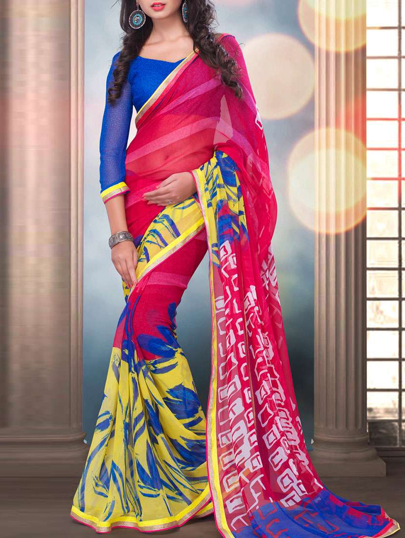 pink printed georgette saree with blouse